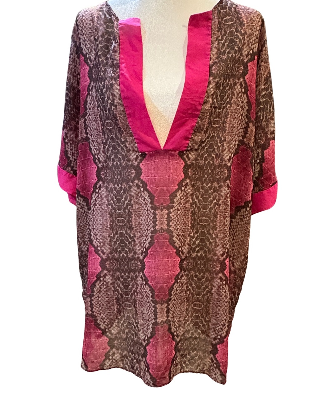 Ted Baker London Haylee Snake Print Tunic Cover-Up Pink Brown V-Neck Small